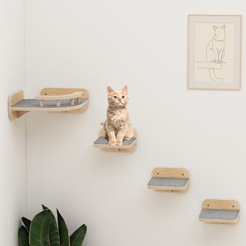 Cat Wall Furniture Corner Climbing Shelf Perches, Cat Bed Wall Mounted with 3 Wide Steps, Wood Color H78663