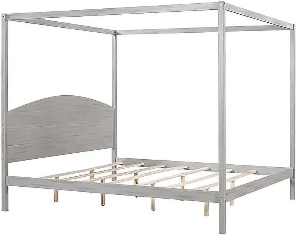 White Queen Size 4-Poster Wood Canopy Bed Frame with Headboard M7837