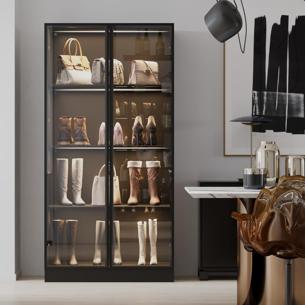 Black 4-Tier Display Cabinet with Glass Doors & Lights E73526