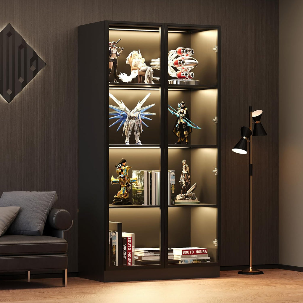 Black 4-Tier Display Cabinet with Glass Doors & Lights E73526