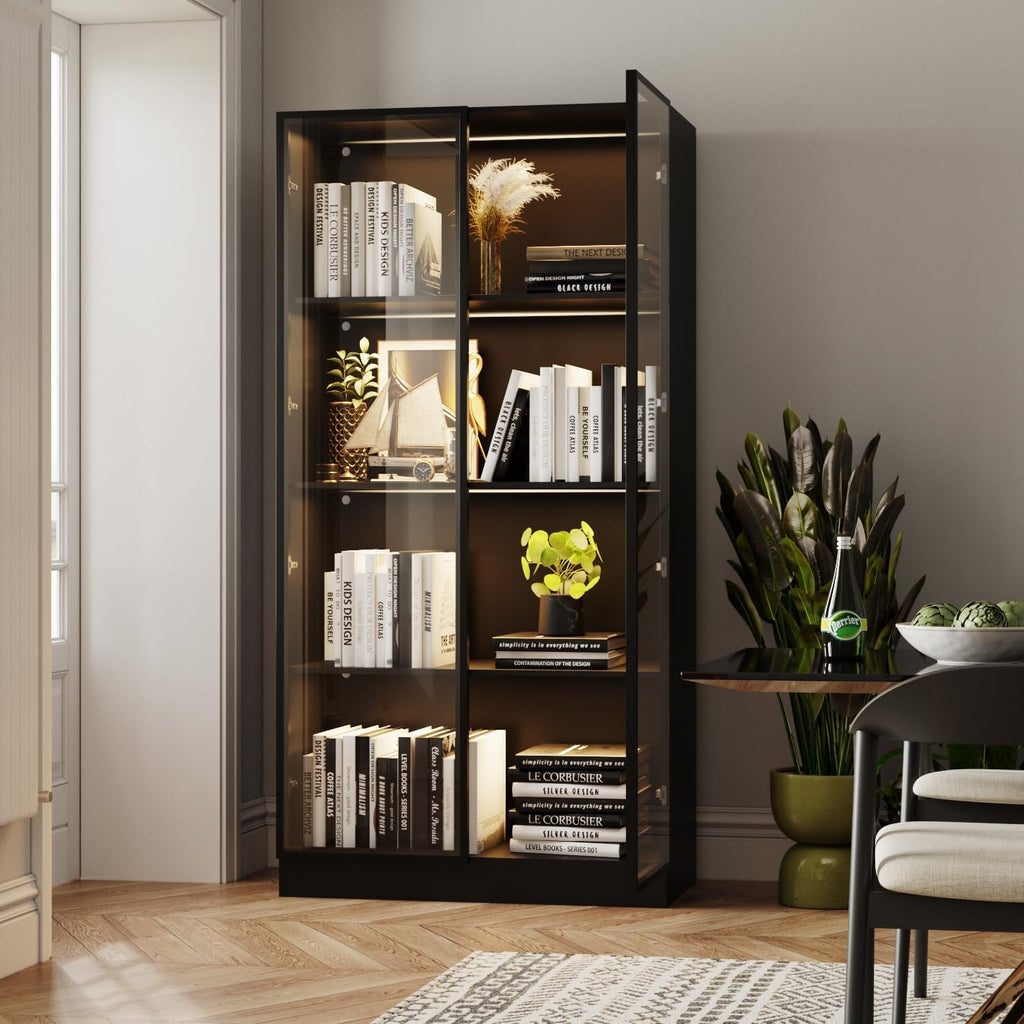 Black 4-Tier Display Cabinet with Glass Doors & Lights E73526