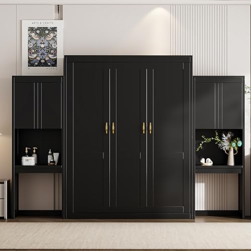 Queen Size Wood Murphy Bed with Desk and Storage E4329