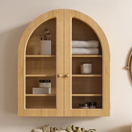 Large Arched Wall Mounted Cabinet with Acrylic Door Adjustable Shelf Natural Oak E8261