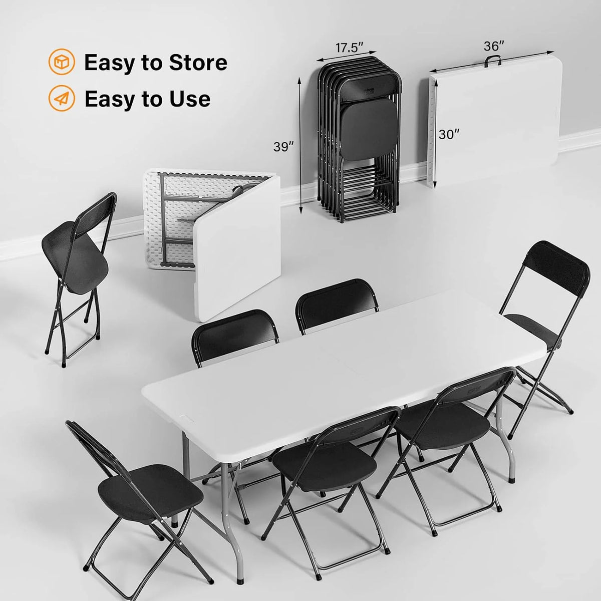 6 FT Plastic Folding Table with 8 Black Folding Chairs B3260
