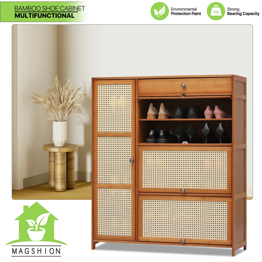 Bamboo 28 Pairs 6 Shelves Shoe Storage Cabinet with 4 Rattan Doors Z13767