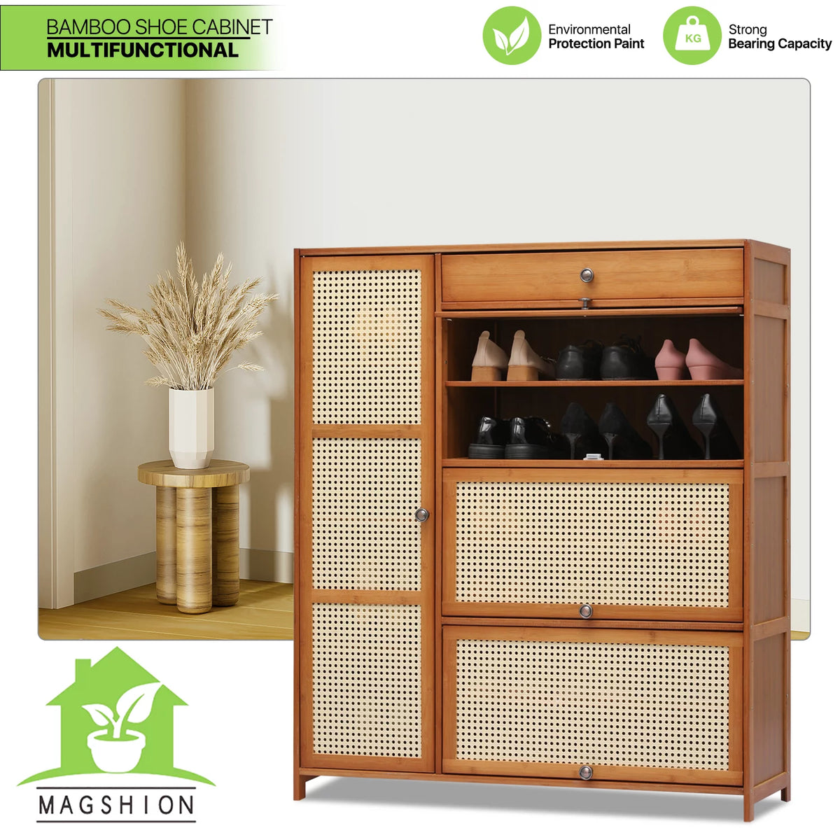 Bamboo 28 Pairs 6 Shelves Shoe Storage Cabinet with 4 Rattan Doors Z13767