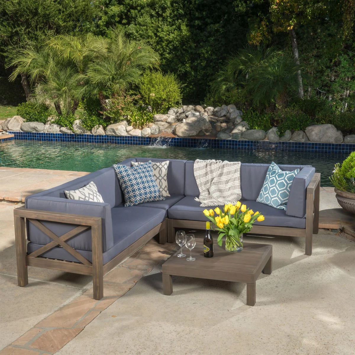 4 Piece Acacia Wood Sectional Sofa and Coffee Table Set U181
