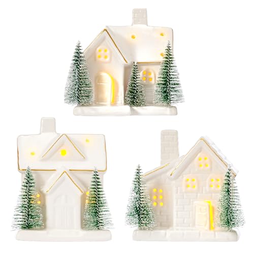 Set of 3 Light Up Ceramic Christmas Village House Figurines O1916