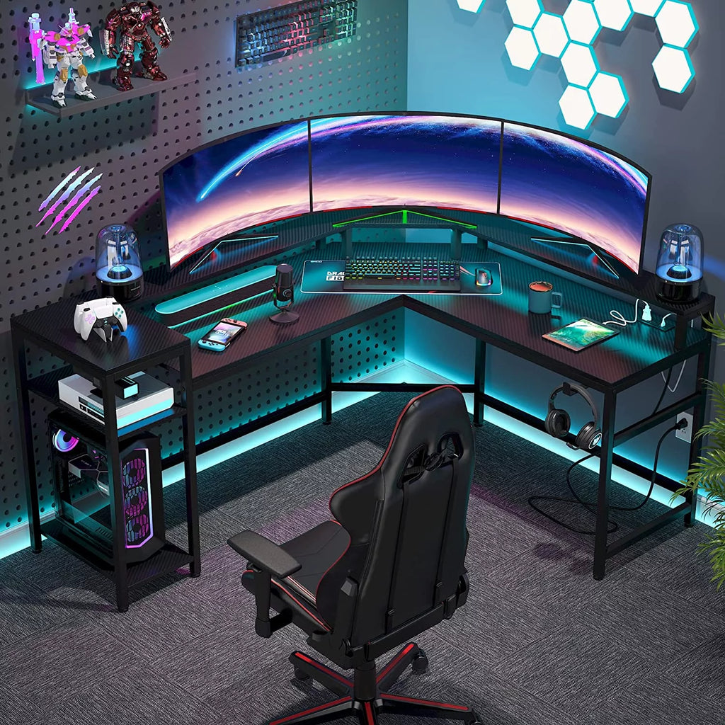 Black L-Shaped Gaming Desk with LED Strips U67622