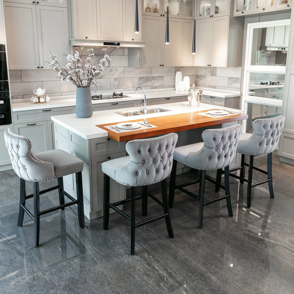 Set of 6 Grey Velvet Upholstered Bar Stools B24607
