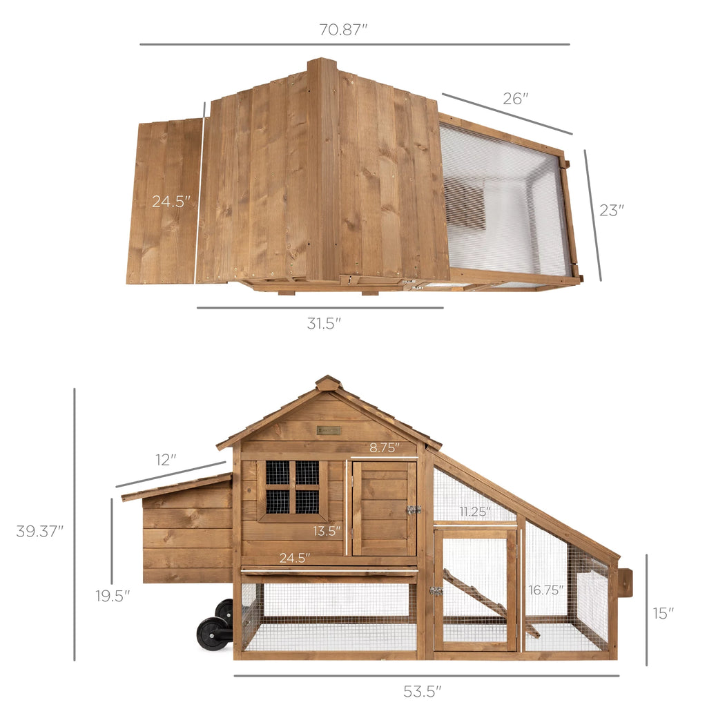 70in Mobile Fir Wood Chicken Coop with Wheels O329570