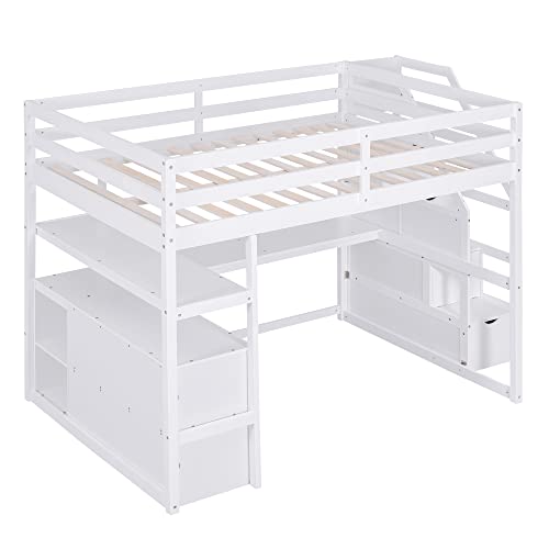 White Solid Wood Twin Loft Bed with Stairs and Desk P9140