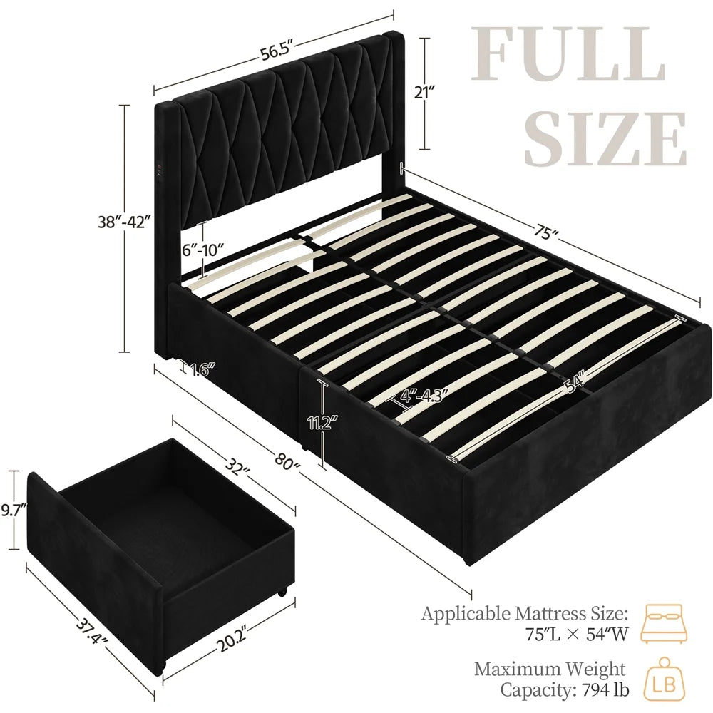 Black Full Upholstered Bed with 4 Storage Drawers H9356