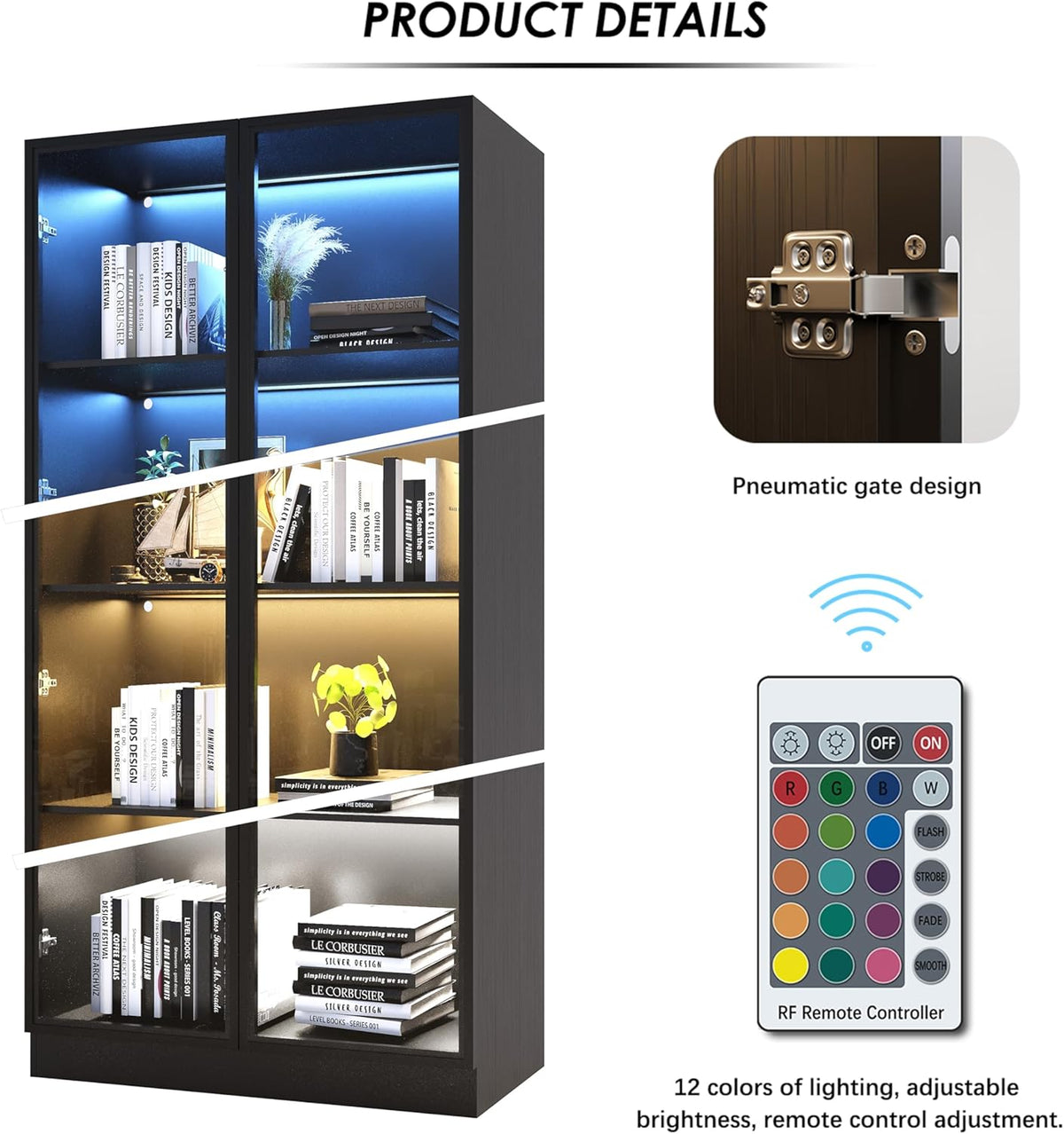 Black 4-Tier Display Cabinet with Glass Doors & Lights E73526