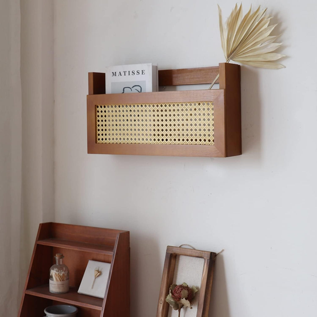 Wall Wood Magazine Rack with PE Rattan Grid, Size 17.3" x 4" x 9.4", Brown R3801