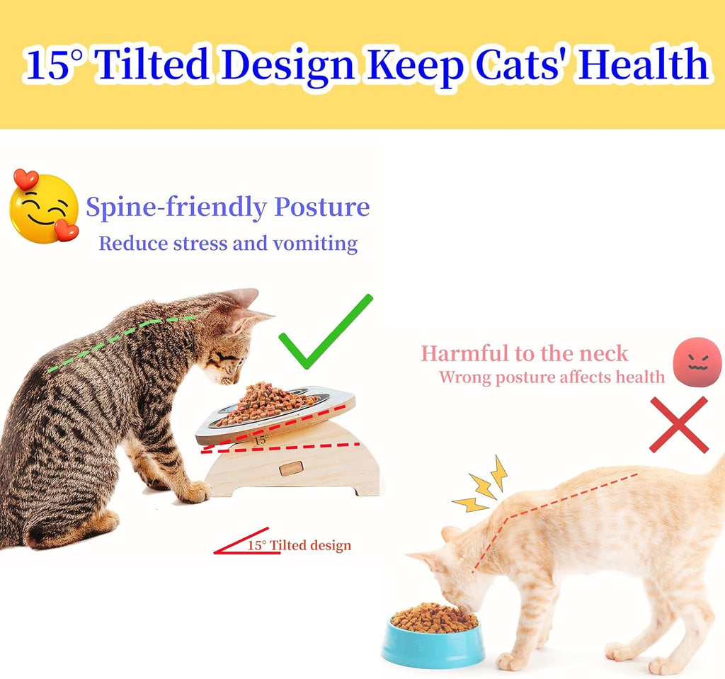 15° Tilted Raised Stainless Steel Cat Bowls with Wood Stand T627