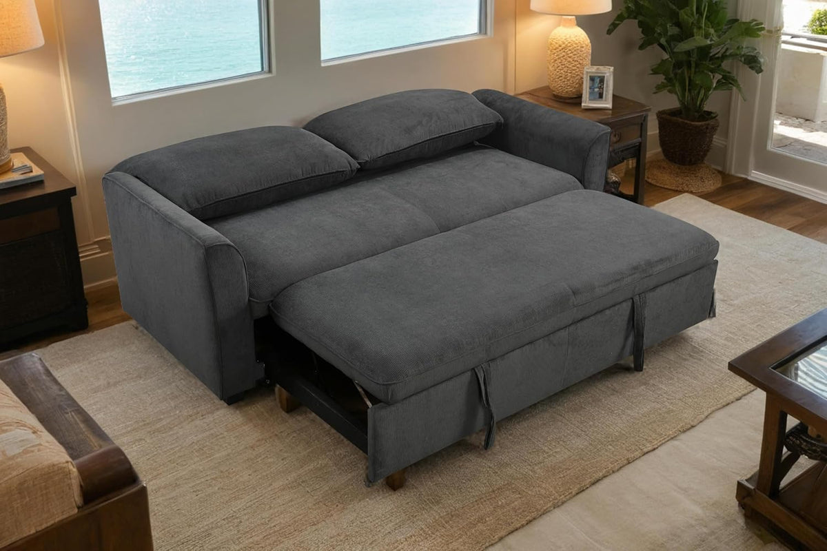 Queen Size Beige Dark Grey Convertible Sleeper Sofa Bed I929