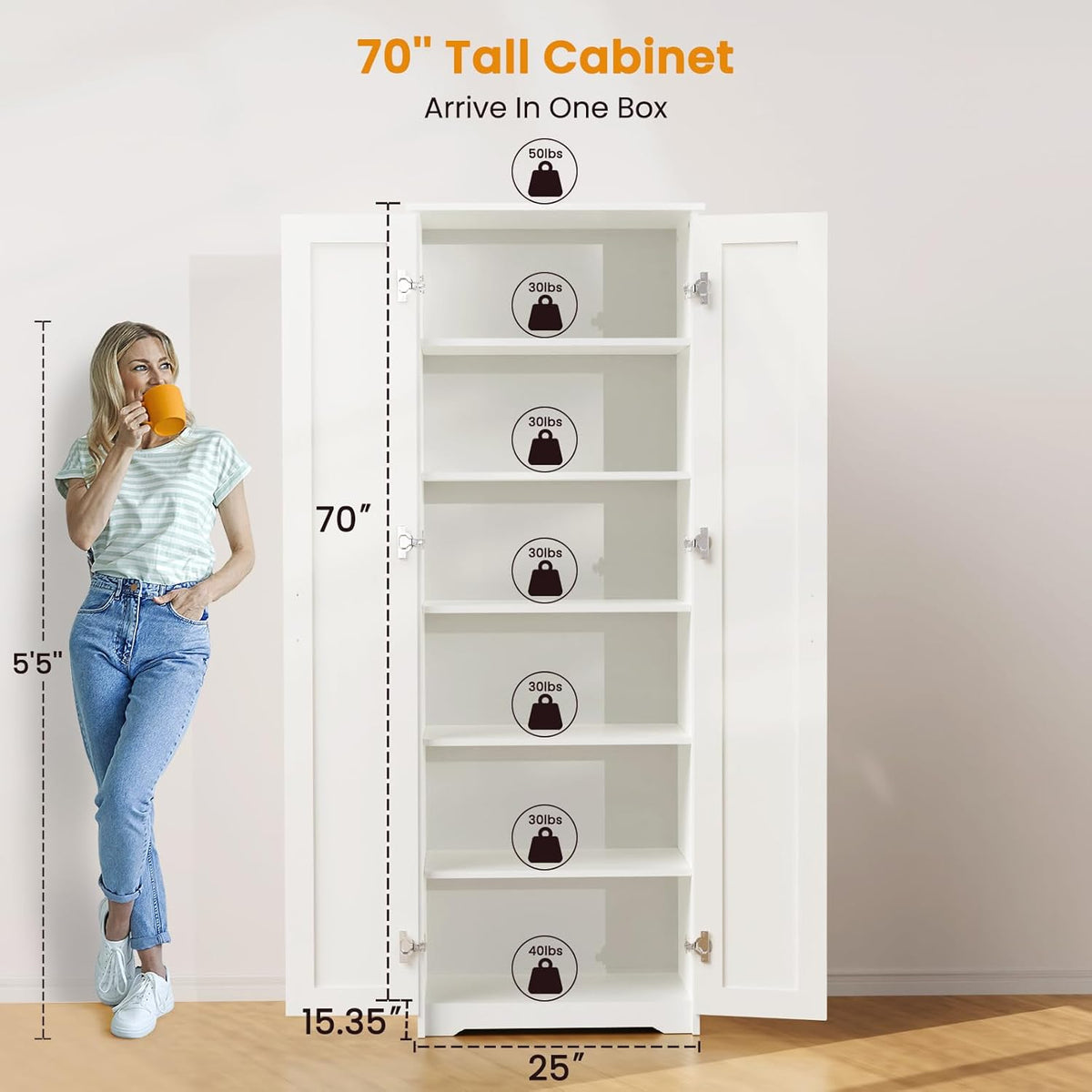 White Tall Storage Pantry Cabinet with 2 Doors and 6 Adjustable Shelves Y33415