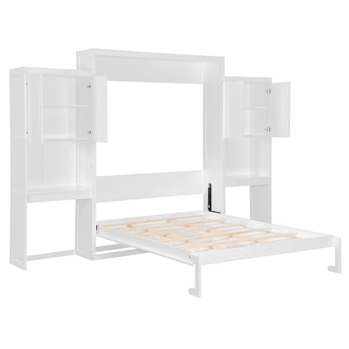 Queen Size Wood Murphy Bed with Desk and Storage E4329