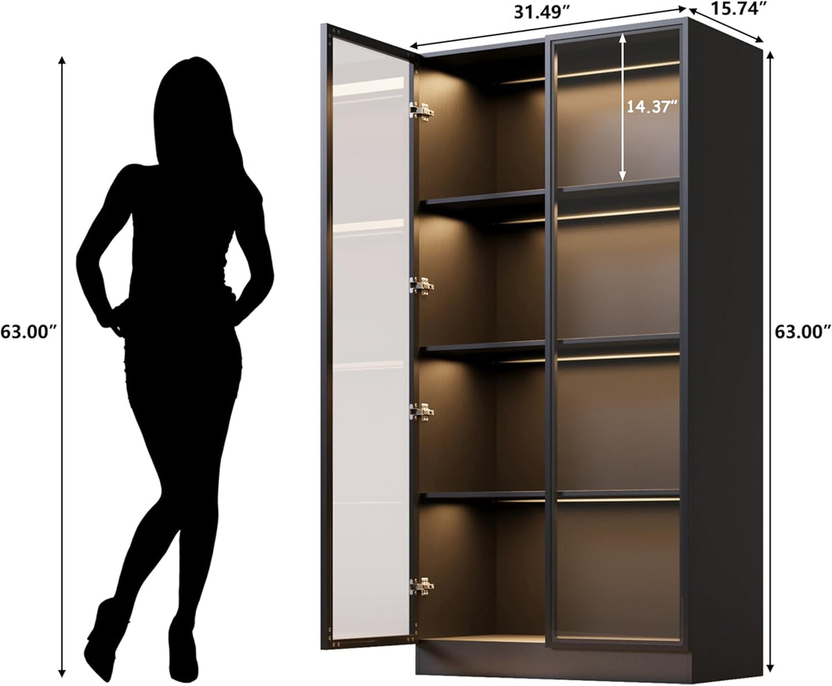 Black 4-Tier Display Cabinet with Glass Doors & Lights E73526