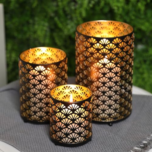Set of 3 Metal Candle Holders Bronze Hurricane Pillar Candleholder H38403