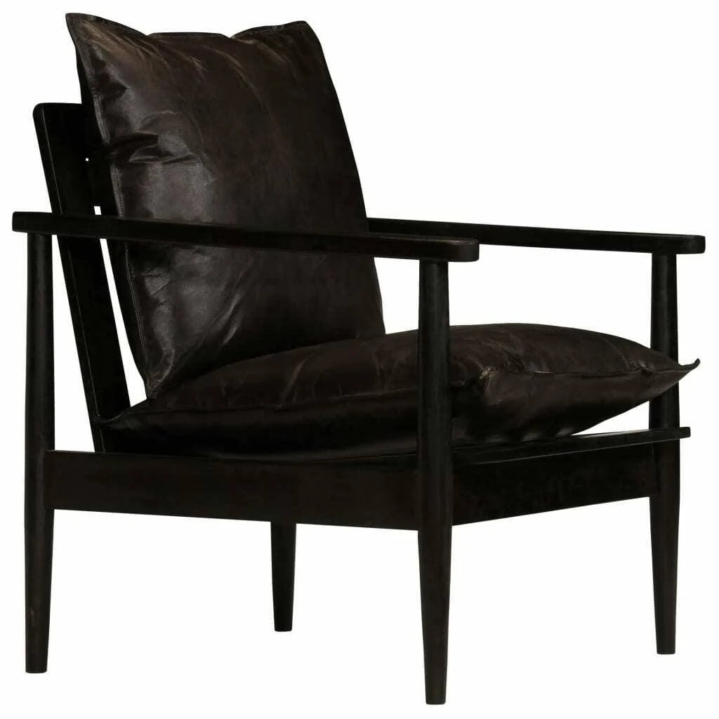Black Real Leather Armchair with Acacia Wood V178442