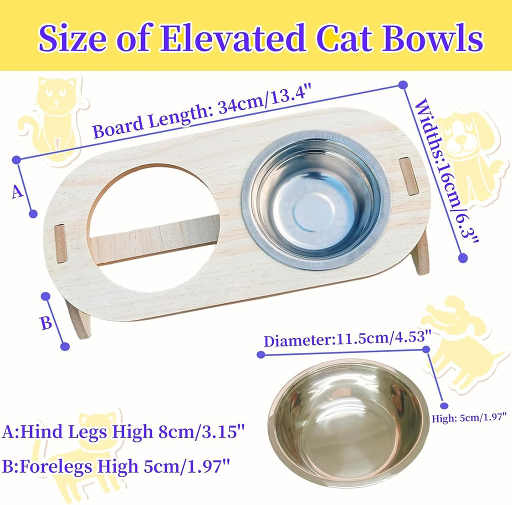 15° Tilted Raised Stainless Steel Cat Bowls with Wood Stand T627