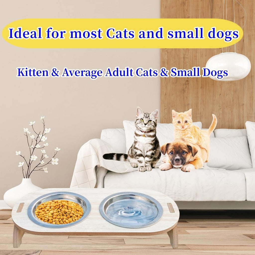 15° Tilted Raised Stainless Steel Cat Bowls with Wood Stand T627