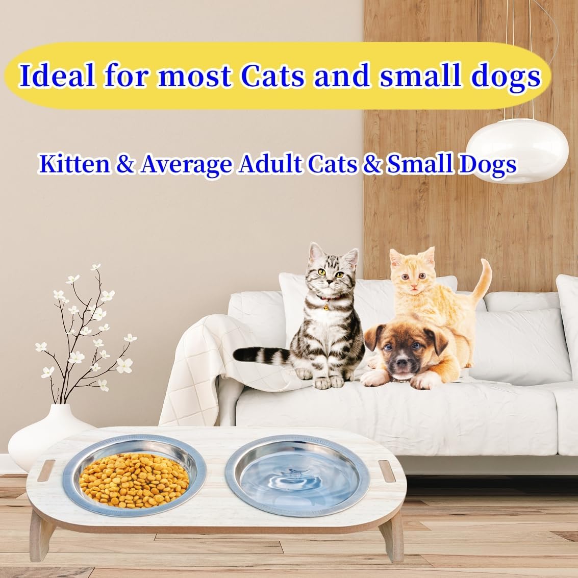 15° Tilted Raised Stainless Steel Cat Bowls with Wood Stand T627
