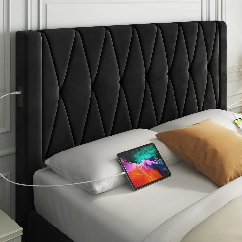 Black Full Upholstered Bed with 4 Storage Drawers H9356