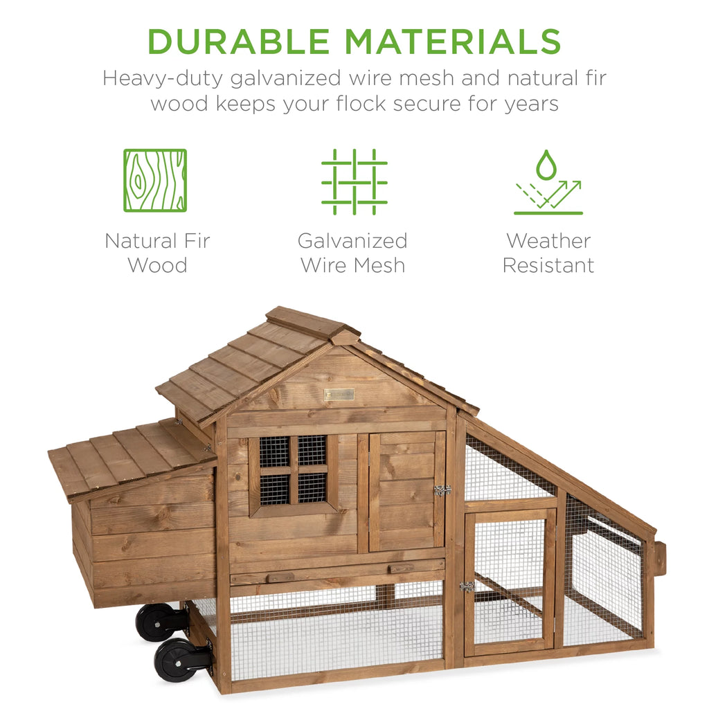 70in Mobile Fir Wood Chicken Coop with Wheels O329570