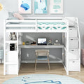 White Solid Wood Twin Loft Bed with Stairs and Desk P9140