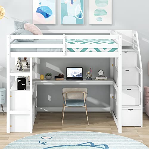 White Solid Wood Twin Loft Bed with Stairs and Desk P9140