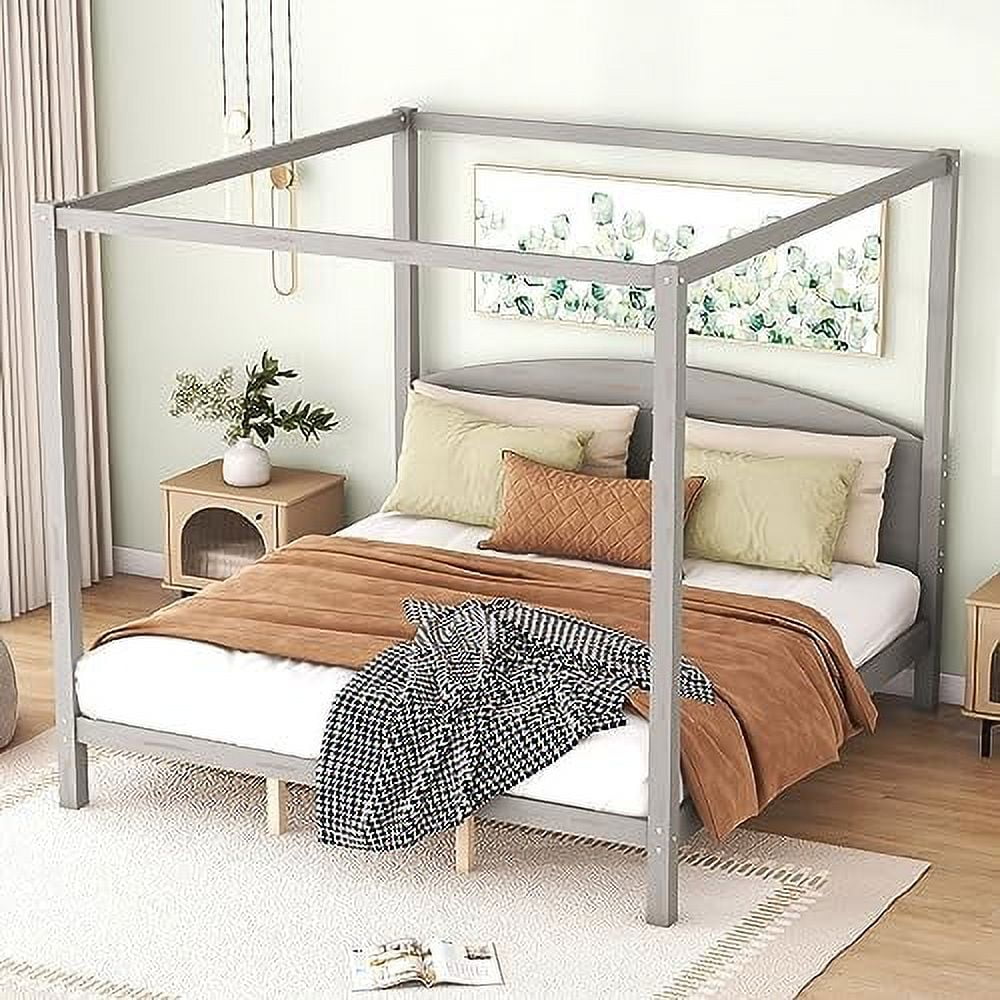 White Queen Size 4-Poster Wood Canopy Bed Frame with Headboard M7837
