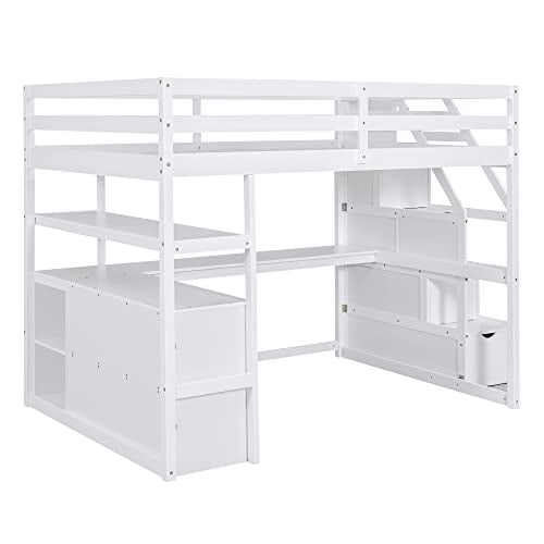 White Solid Wood Twin Loft Bed with Stairs and Desk P9140