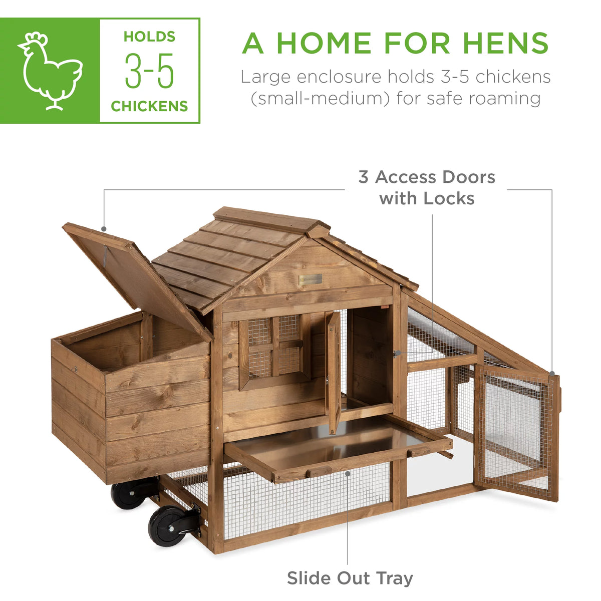 70in Mobile Fir Wood Chicken Coop with Wheels O329570