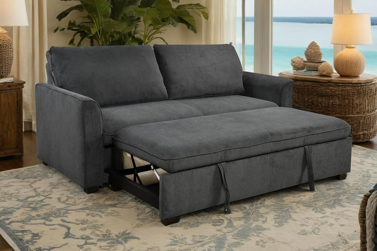 Queen Size Beige Dark Grey Convertible Sleeper Sofa Bed I929