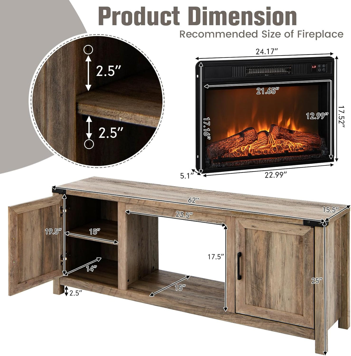 Electric Fireplace TV Stand with Storage Cabinets G166