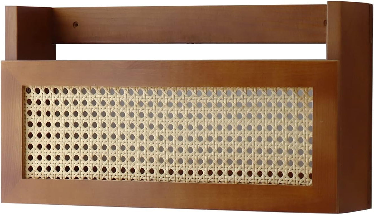 Wall Wood Magazine Rack with PE Rattan Grid, Size 17.3" x 4" x 9.4", Brown R3801