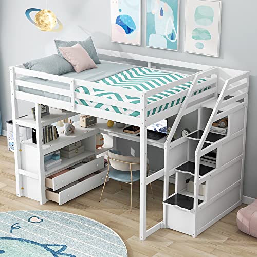 White Solid Wood Twin Loft Bed with Stairs and Desk P9140