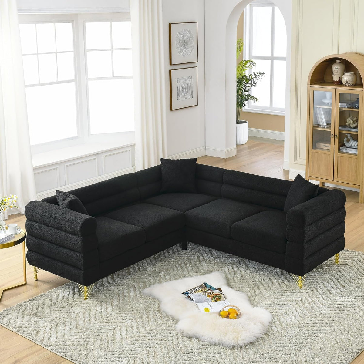 Black L-Shape Sectional Sofa 5-Seater Corner with Pillows J954