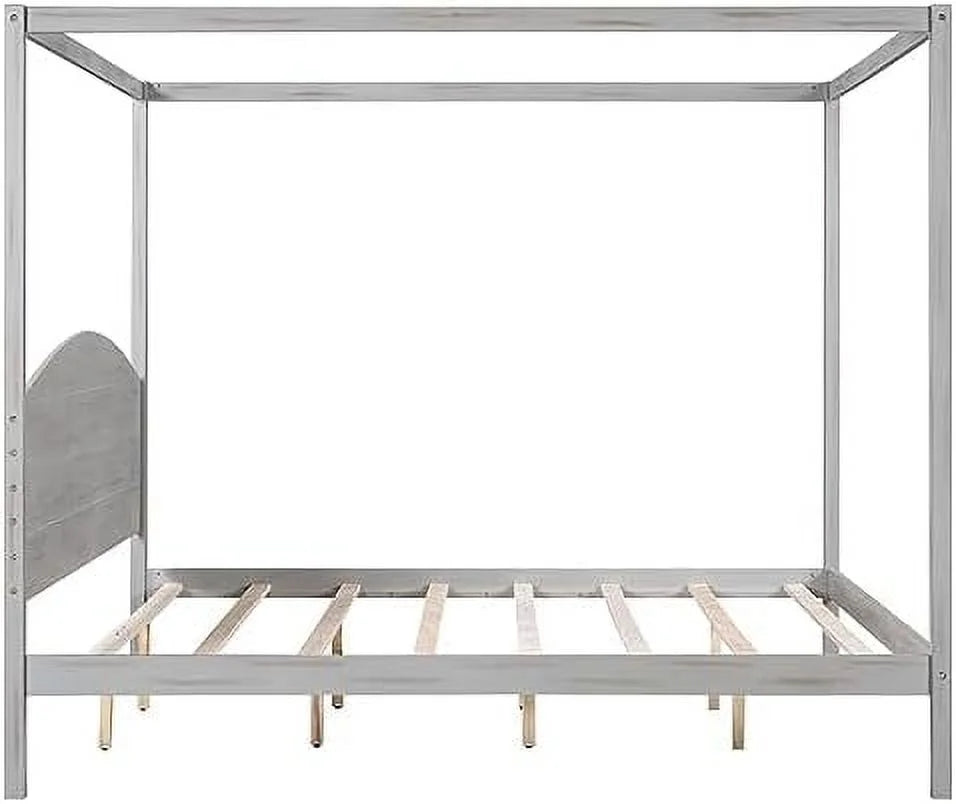 White Queen Size 4-Poster Wood Canopy Bed Frame with Headboard M7837