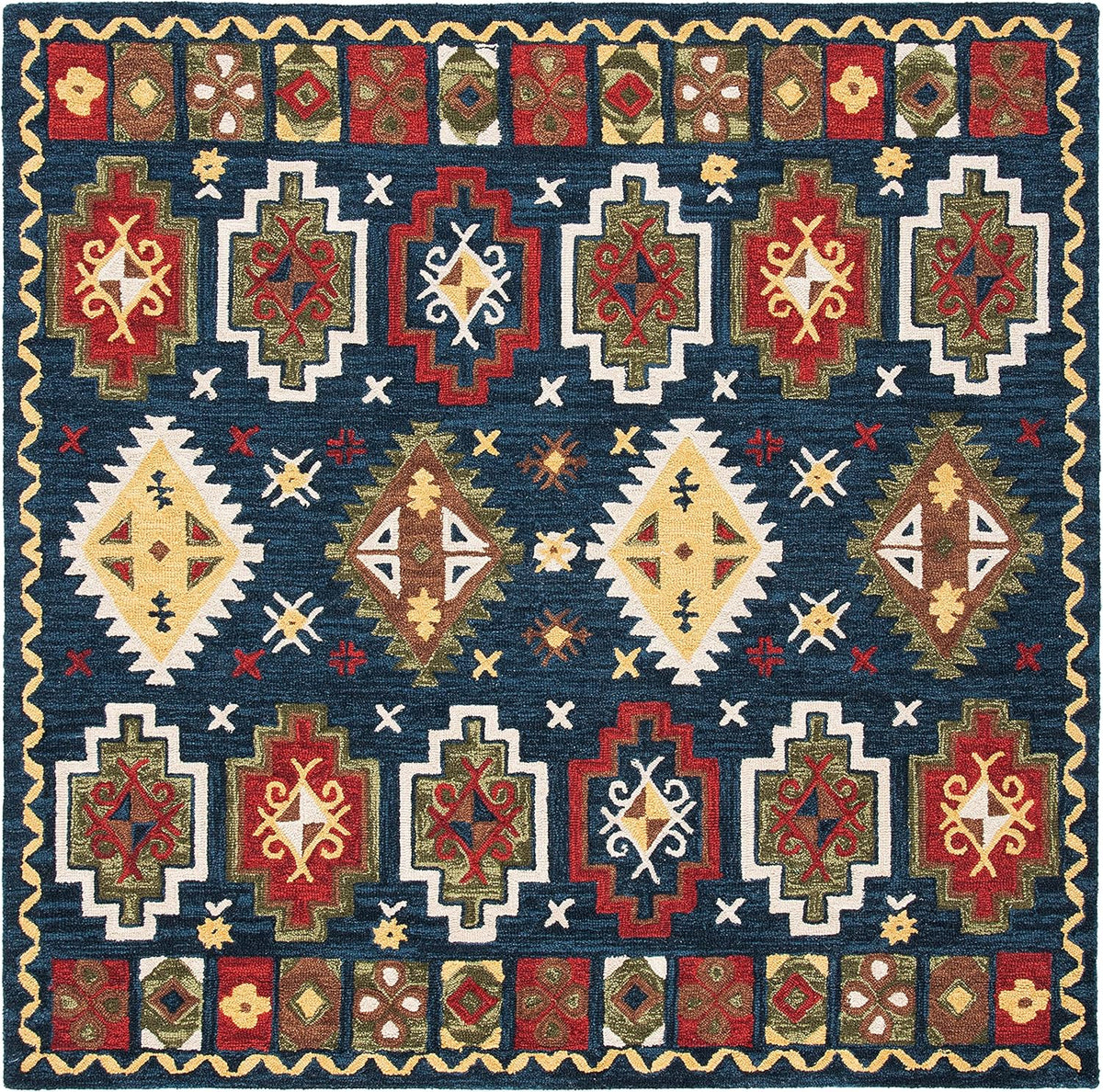 6' Square Navy Red Handmade Traditional Wool Area Rug C903942