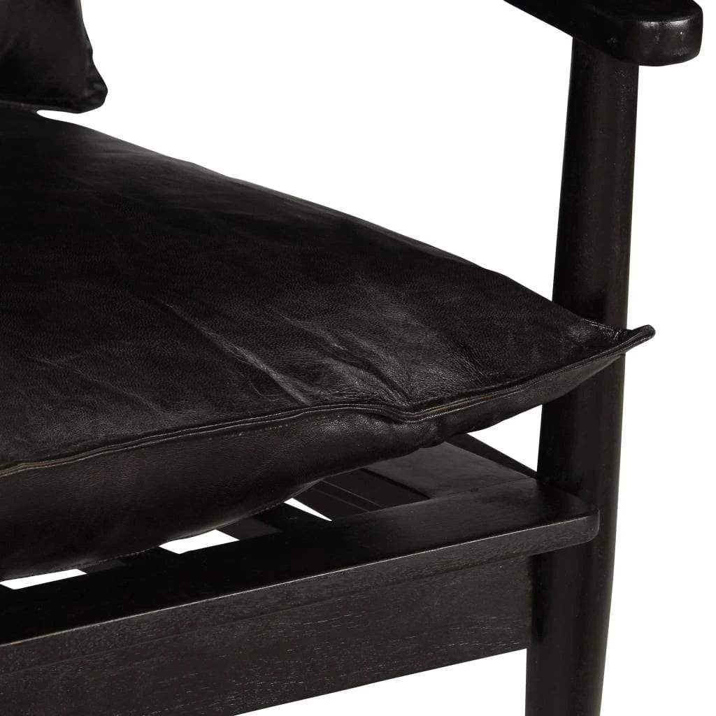 Black Real Leather Armchair with Acacia Wood V178442