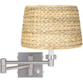 Brushed Nickel Swing Arm Wall Lamp with Woven Seagrass Shade O87596