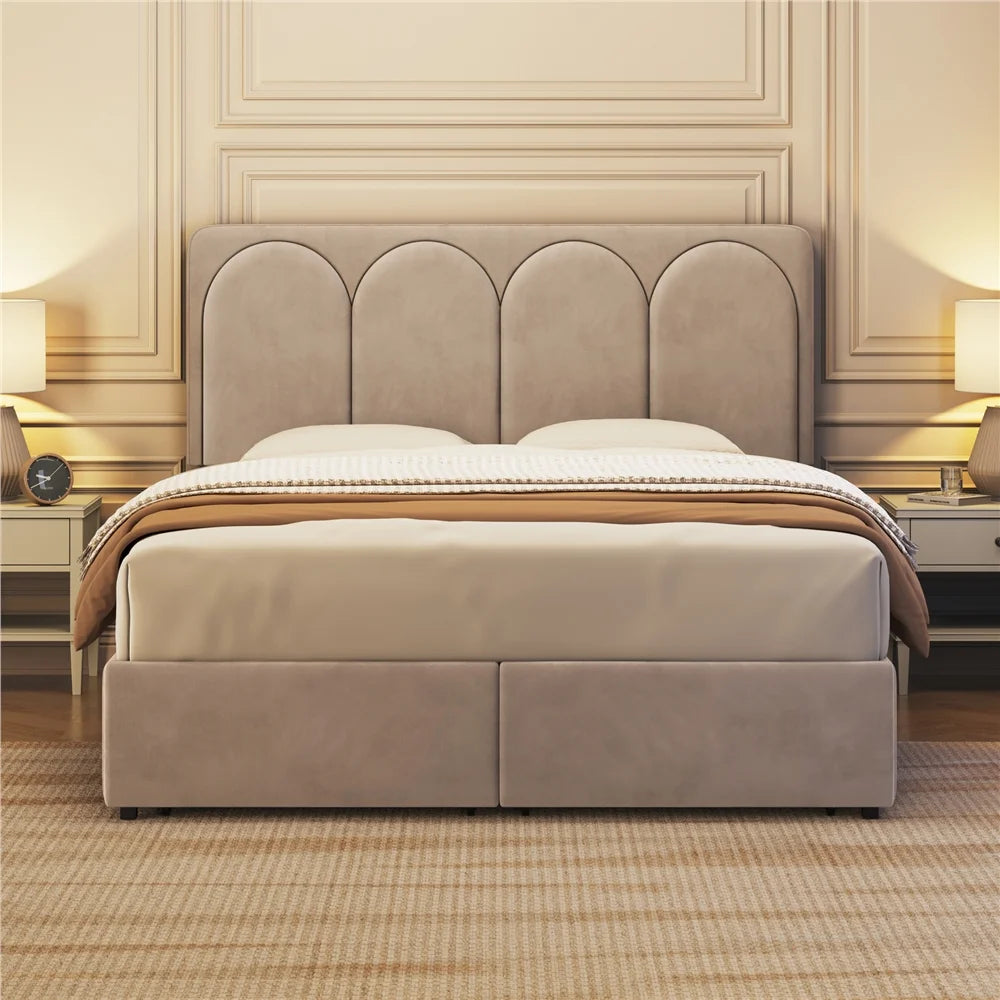 Queen Dark Gray Upholstered Bed with 4 Storage Drawers T134