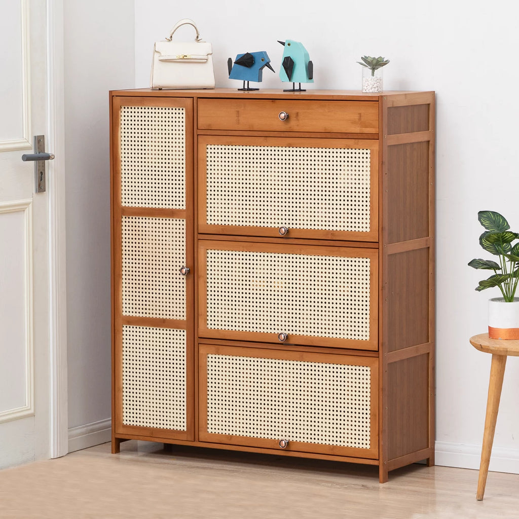 Bamboo 28 Pairs 6 Shelves Shoe Storage Cabinet with 4 Rattan Doors Z13767