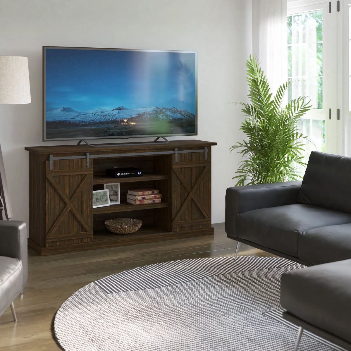 Modern Farmhouse TV Stand with Sliding Barn Doors V4193