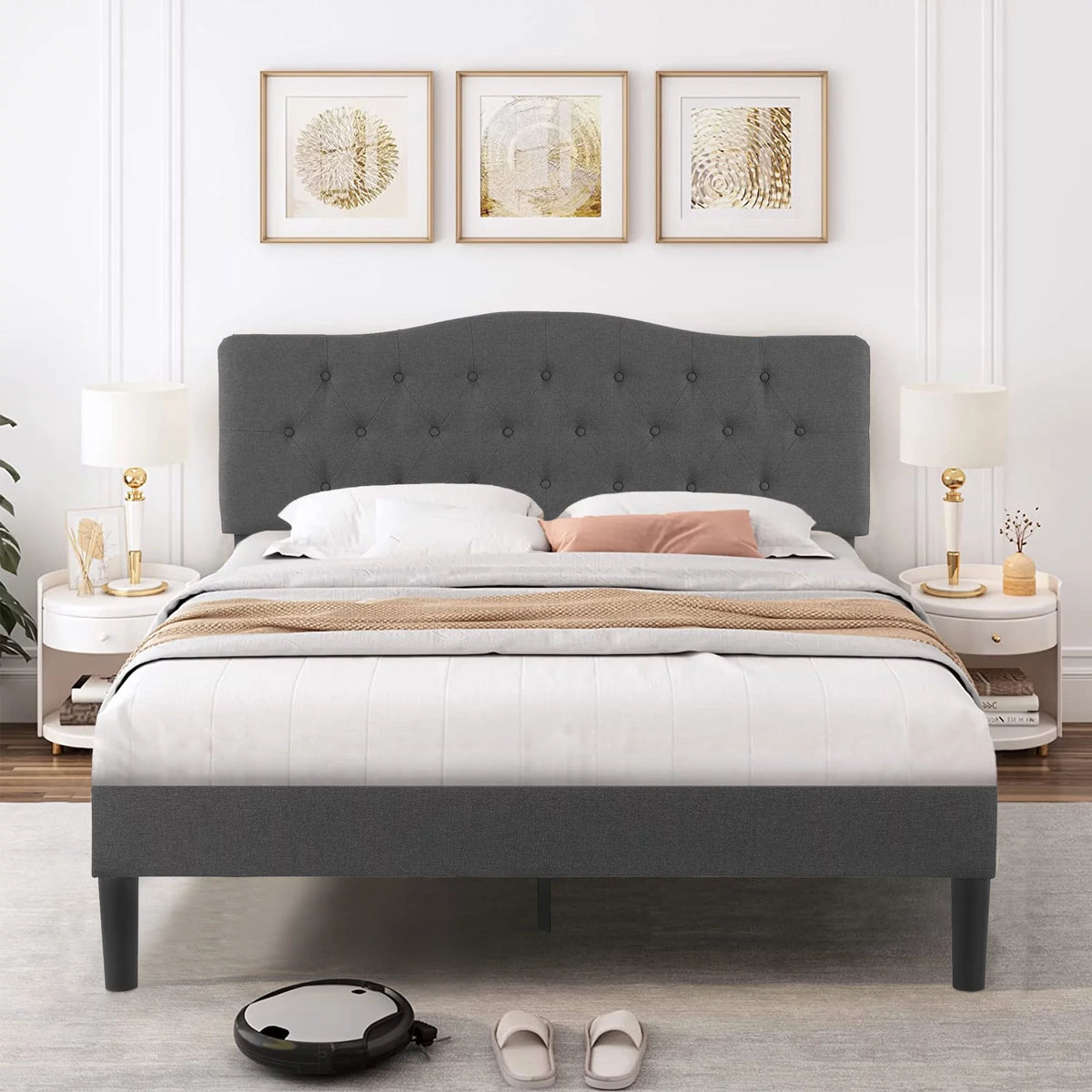 Queen Upholstered Platform Bed Frame with Adjustable Headboard Y535