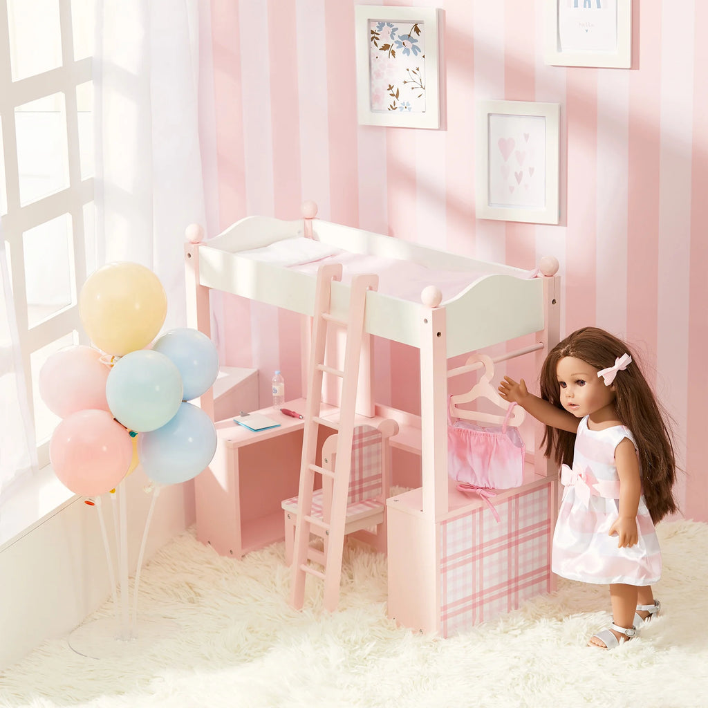 Pink Loft Bed, Desk, Chair, & Accessories for 18" Dolls O646
